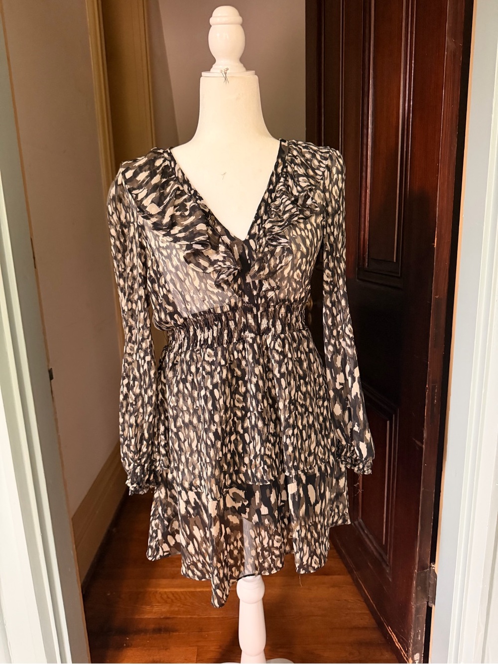 Zara Black and Cream Printed V-Neck Mini Dress